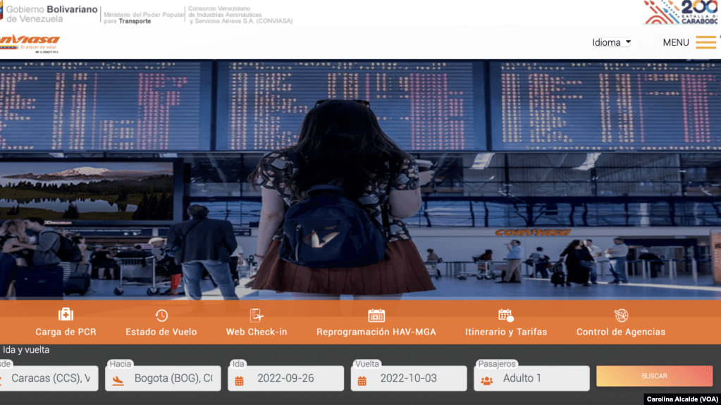 Captura de pantalla del sitio web de CONVIASA, aerolínea estatal de Venezuela, el viernes, 23 de septiembre de 2022.
