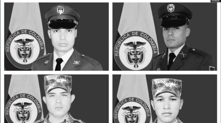 En la imagen, los rostros de cuatro de los nueve militares muertos en un ataque con explosivos del ELN contra una unidad militar del Ejército de Colombia. Cortesía Ejército de Colombia.