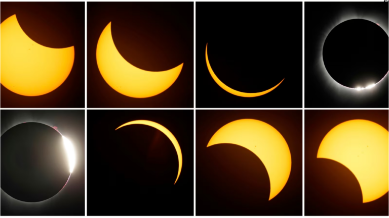 Esta combinación de fotografías muestra el trayecto del sol durante un eclipse total, el lunes 21 de agosto de 2017, cerca de Redmond, Oregon.