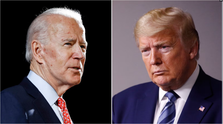 ARCHIVO - En esta combinación de fotografías de archivo, el exvicepresidente Joe Biden habla en Wilmington, Delaware, el 12 de marzo de 2020, izquierda, y el presidente Donald Trump habla en la Casa Blanca en Washington el 5 de abril de 2020.