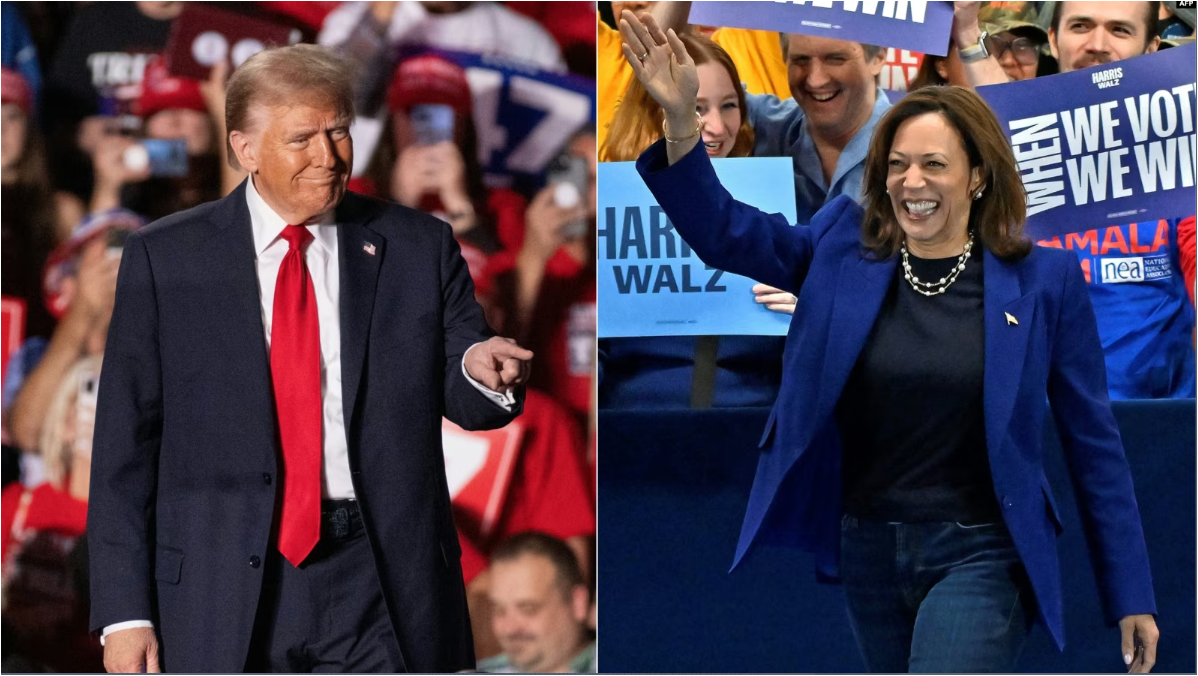 Esta combinación de imágenes muestra al republicano Donald Trump (izq.) en un mitin de campaña en Michigan, el 1 de noviembre de 2024, y la demócrata Kamala Harris (der.) camina hacia el escenario en Las Vegas, Nevada, el 31 de octubre de 2024.