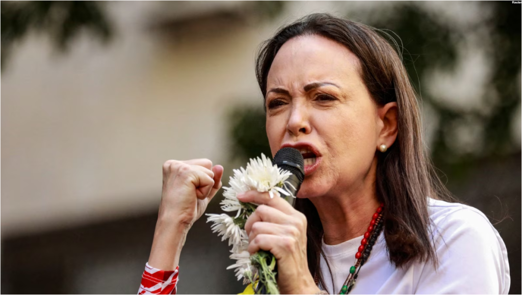 La líder opositora, María Corina Machado, durante una protesta el 9 de enero de 2025.