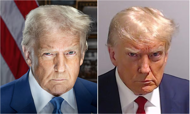 Donald Trump: a la izq. foto oficial 2025, a la der. foto fichaje policial en 2023