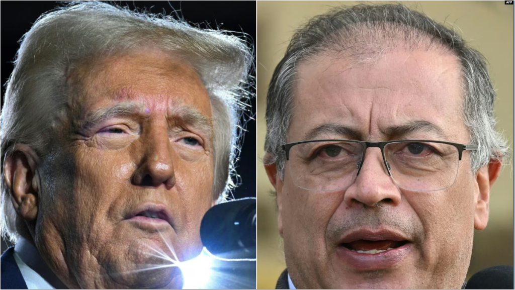 Esta combinación de imágenes creada el 26 de enero de 2025 muestra al presidente estadounidense Donald Trump en Las Vegas, Nevada, el 25 de enero de 2025 y al presidente colombiano Gustavo Petro en Bogotá el 31 de mayo de 2024.